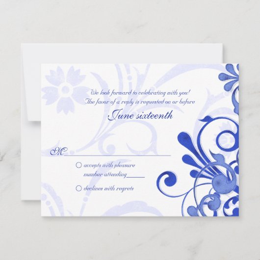 青と白のアブストラクトフラワーレスポンスカード 出欠カード (正面)