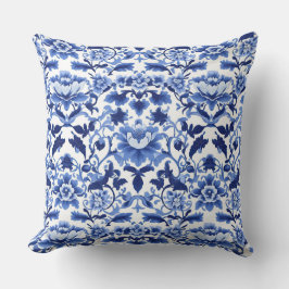 青と白のアールヌーボーチノイスリーロータス クッション