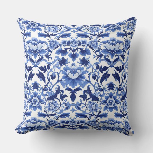 青と白のアールヌーボーチノイスリーロータス クッション (正面)