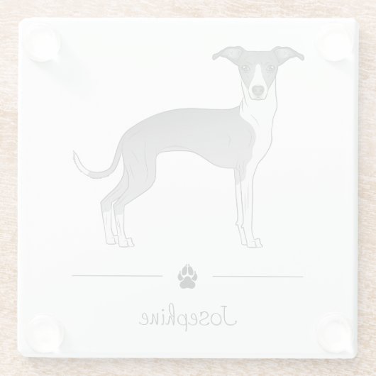 青と白のイタリアングレイハウンドとカスタム文字 ガラスコースター (裏面)