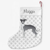 青と白のイタリアングレイハウンド名前をカスタムする スモールクリスマスストッキング (裏面)