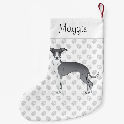 青と白のイタリアングレイハウンド名前をカスタムする スモールクリスマスストッキング (裏面)
