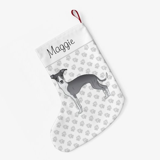 青と白のイタリアングレイハウンド名前をカスタムする スモールクリスマスストッキング (裏面 (吊り時))
