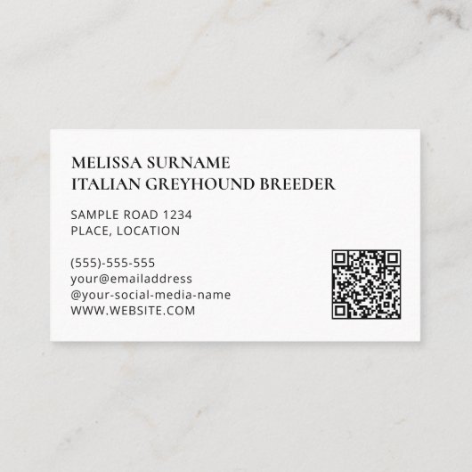 青と白のイタリアングレイハウンド – 犬小屋 名刺 (裏面)