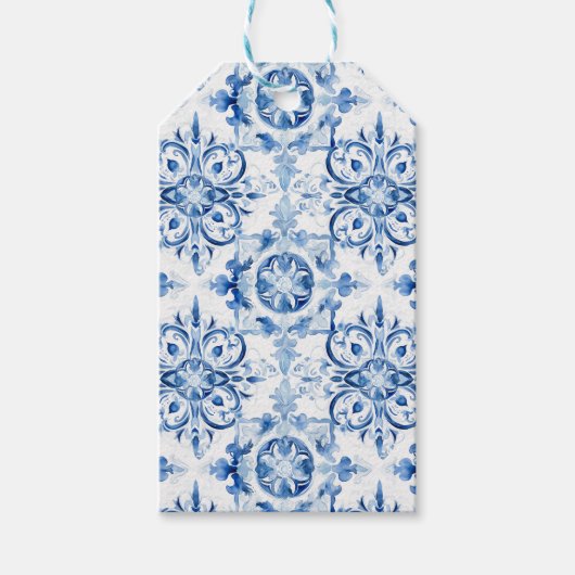 青と白のイタリアン水彩タイル模様 ギフトタグ (正面)