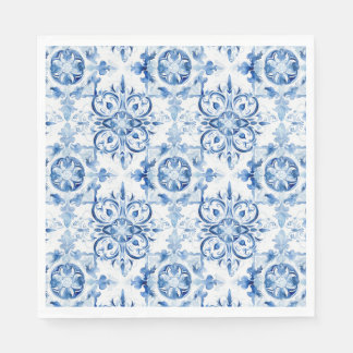 青と白のイタリアン水彩タイル模様 スタンダードランチョンナプキン