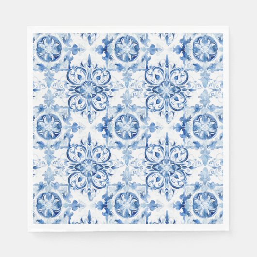 青と白のイタリアン水彩タイル模様 スタンダードランチョンナプキン (正面)