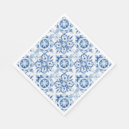 青と白のイタリアン水彩タイル模様 スタンダードランチョンナプキン (角)