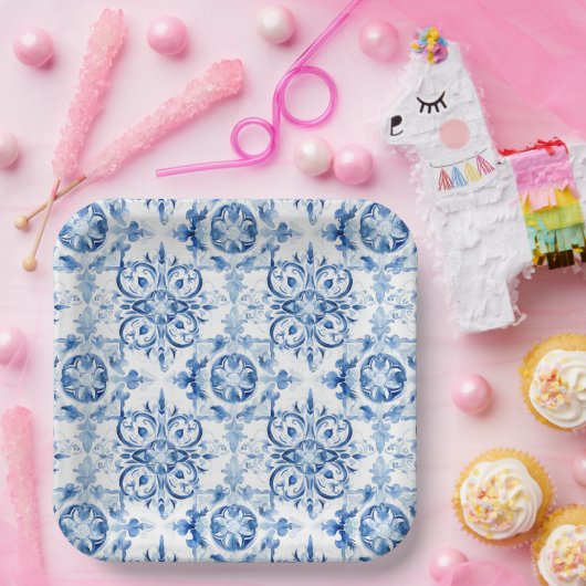 青と白のイタリアン水彩タイル模様 ペーパープレート (パーティー)