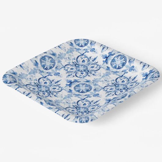 青と白のイタリアン水彩タイル模様 ペーパープレート (傾斜あり)