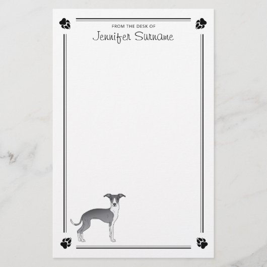 青と白のイタリアンGreyhoundと手と文字 便箋 (正面)