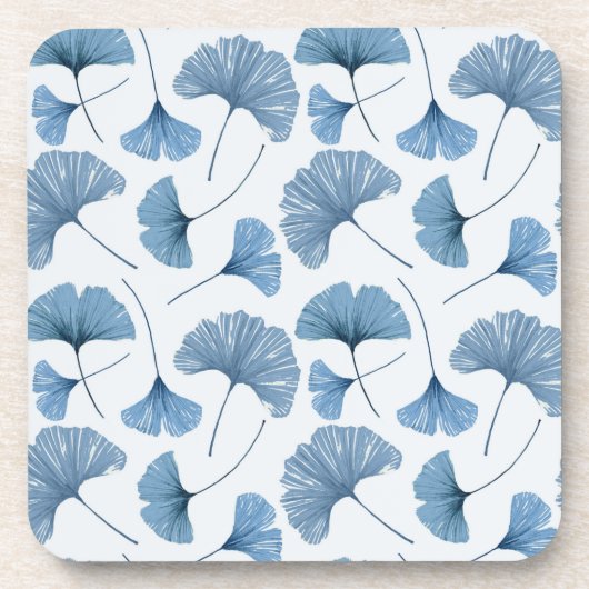 青と白のイチョウの葉のパターン コースター (正面)