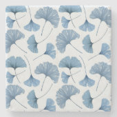 青と白のイチョウの葉のパターン ストーンコースター (正面)