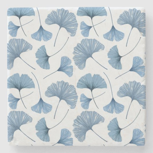 青と白のイチョウの葉のパターン ストーンコースター (正面)