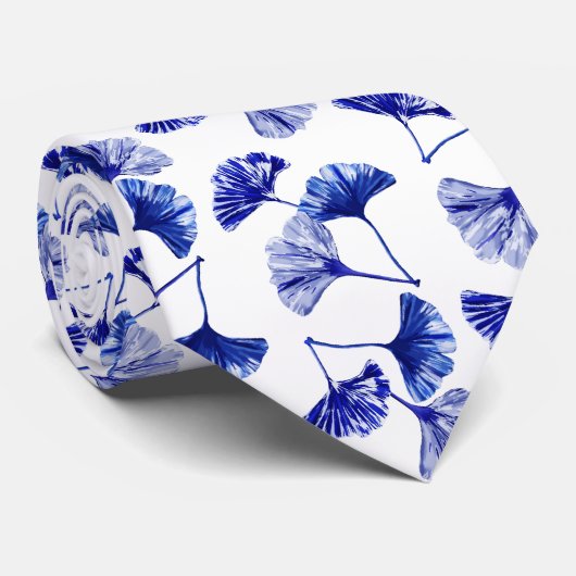 青と白のイチョウ葉 ネクタイ (ロール)