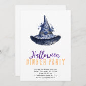 青と白のウィッチハットハロウィーンディナーパーティー 招待状 (正面/裏面)