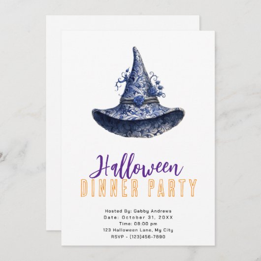 青と白のウィッチハットハロウィーンディナーパーティー 招待状 (正面/裏面)