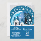 青と白のウィンター ワンダーランドの家のスノー グローブ 招待状 (裏面)
