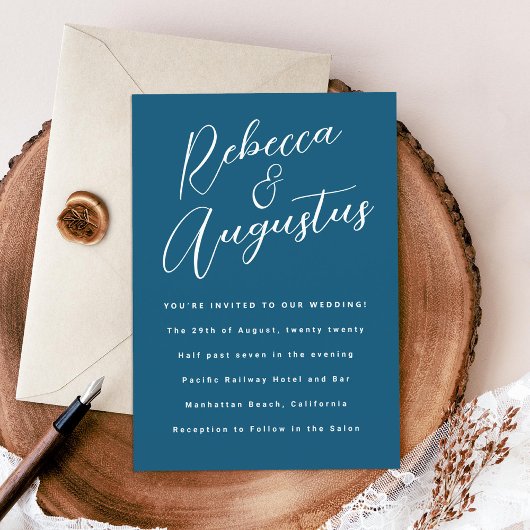 青と白のウェディングでの手書き風名前 招待状