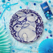 青と白のウサギのフローラデザイナ紙プレート ペーパープレート (パーティー)