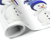 青と白のウールハットラッピングの漫画の雪だるま ラッピングペーパー (ロールコーナー)