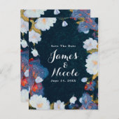 青と白のエレガントなモダンな花のデザインの結婚式予告 案内ポストカード (正面/裏面)