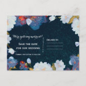 青と白のエレガントなモダンな花のデザインの結婚式予告 案内ポストカード (裏面)