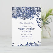 青と白のエレガントヴィンテージレースは日付を保存 セーブザデート (スタンド正面)