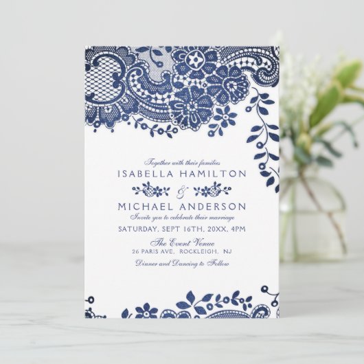 青と白のエレガントヴィンテージレ結婚ース 招待状 (スタンド正面)