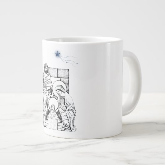 青と白のオリジナル出生 ジャンボコーヒーマグカップ (正面右)