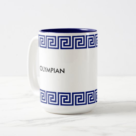 青と白のオリンピアギリシャの幾何学的パターン ツートーンマグカップ (正面左)