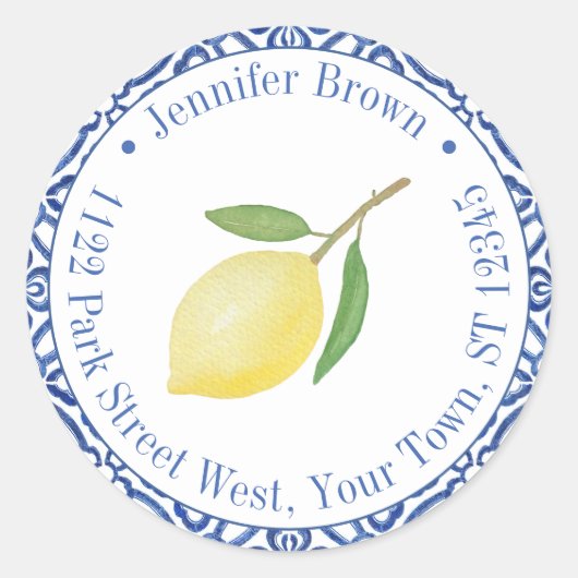 青と白のカプリレモンウェディング リターンアドレス ラウンドシール (正面)