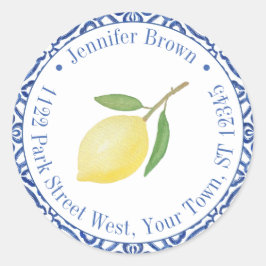 青と白のカプリ レモン ウェディング 返送先住所ラベル ラウンドシール
