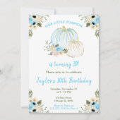 青と白のカボチャの誕生日パーティー 招待状 (正面)