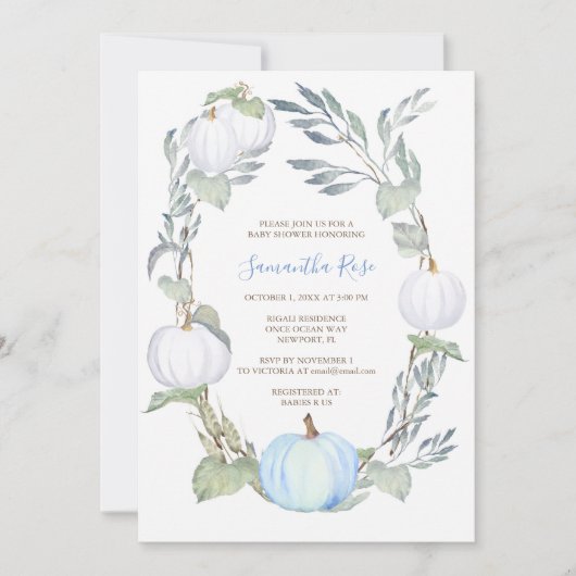 青と白のカボチャ緑の赤ちゃんシャワー招待状 招待状 (正面)