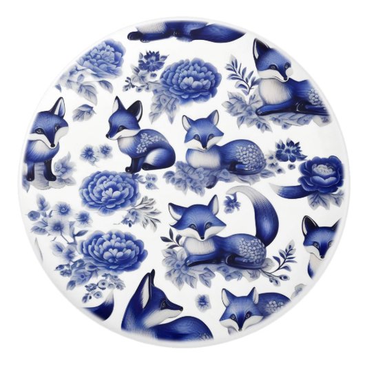 青と白のキツネカスタムセラミックノブ セラミックノブ (正面)