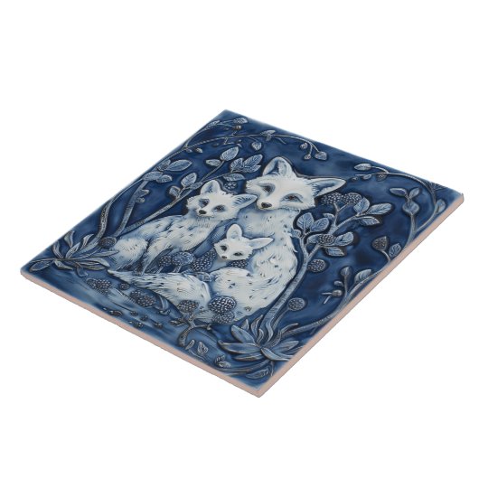 青と白のキツネファミリーウッド動物 タイル (側面)