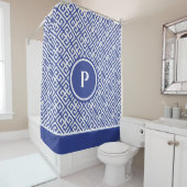 青と白のギリシャ語鍵 モノグラムの シャワーカーテン (インサイチュ)