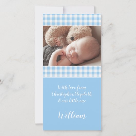 青と白のギンガムの新生児感謝してい写真 サンキューカード (裏面)