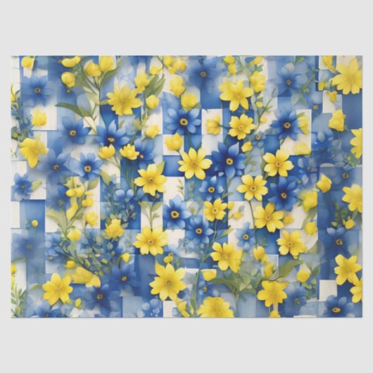 青と白のギンガムチェックと青と黄色の花 薄葉紙 (正面)