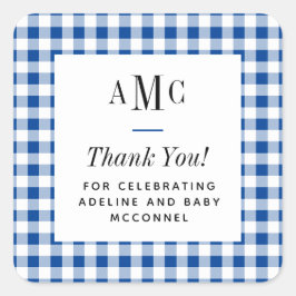 青と白のギンガムチェックのモノグラム感謝メッセージ スクエアシール