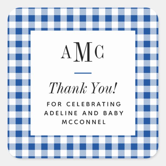 青と白のギンガムチェックのモノグラム感謝メッセージ スクエアシール (正面)