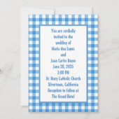 青と白のギンガムフレームの結婚式 招待状 (正面)