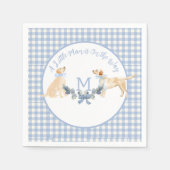 青と白のギンガムベビーシャワーウェルカムサイン スタンダードカクテルナプキン (正面)