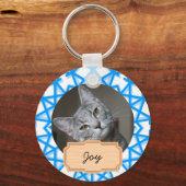 青と白のクリスマスカスタムの休日の猫の写真 キーホルダー (正面)