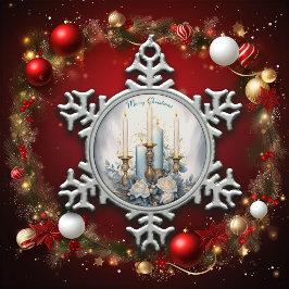 青と白のクリスマスキャンドル スノーフレークピューターオーナメント