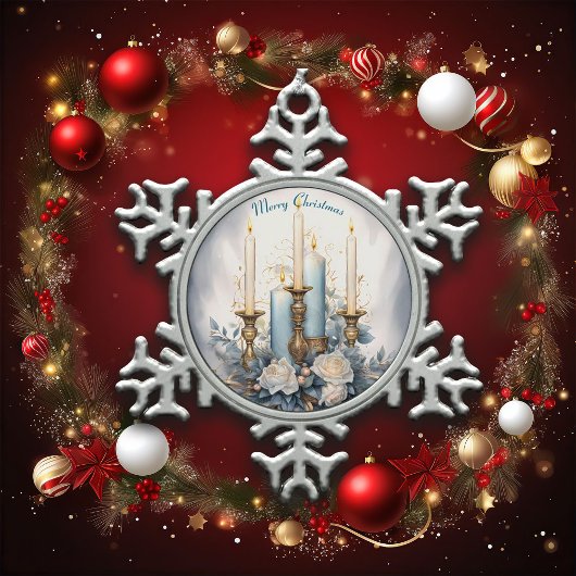 青と白のクリスマスキャンドル スノーフレークピューターオーナメント