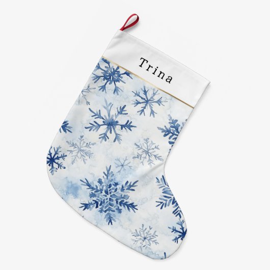 青と白のクリスマススノーフレーク ラージクリスマスストッキング (正面 (吊り時))