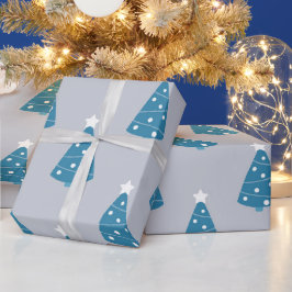 青と白のクリスマスツリーで灰色 ラッピングペーパー