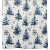 青と白のクリスマスツリーと雪の結晶 シャワーカーテン (正面)